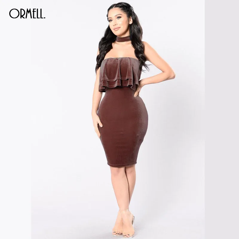 Ormell бархат с открытыми плечами Bodycon платье Раффлед Элегантный плеча короткое