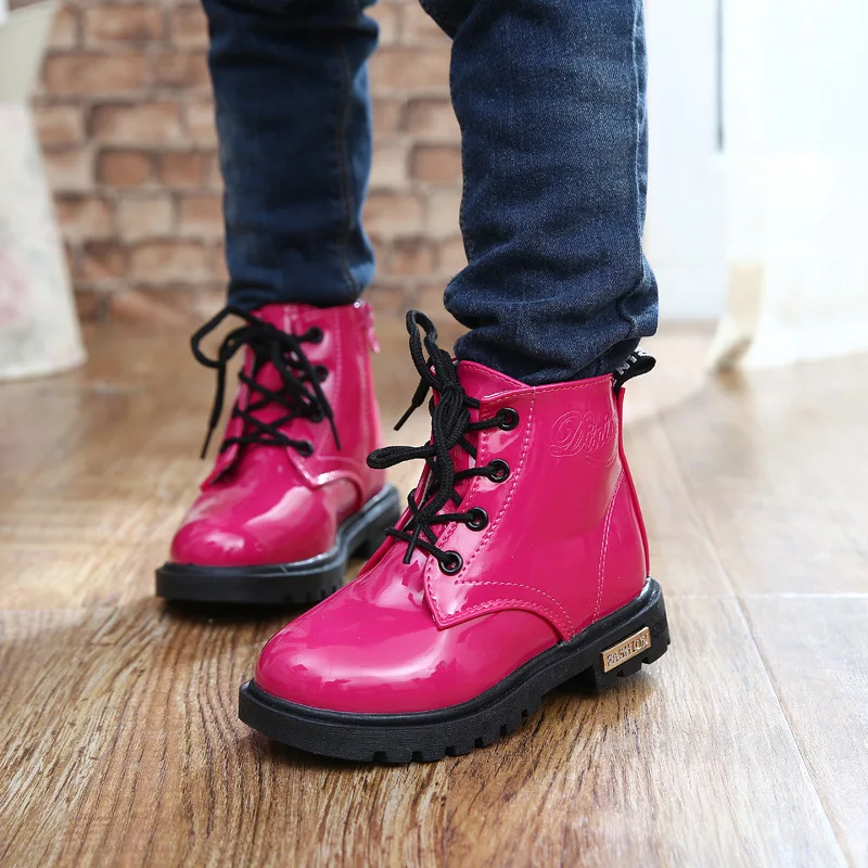 Обувь для девочек 2017 осенние кожаные ботинки на низком каблуке цвета: розовый