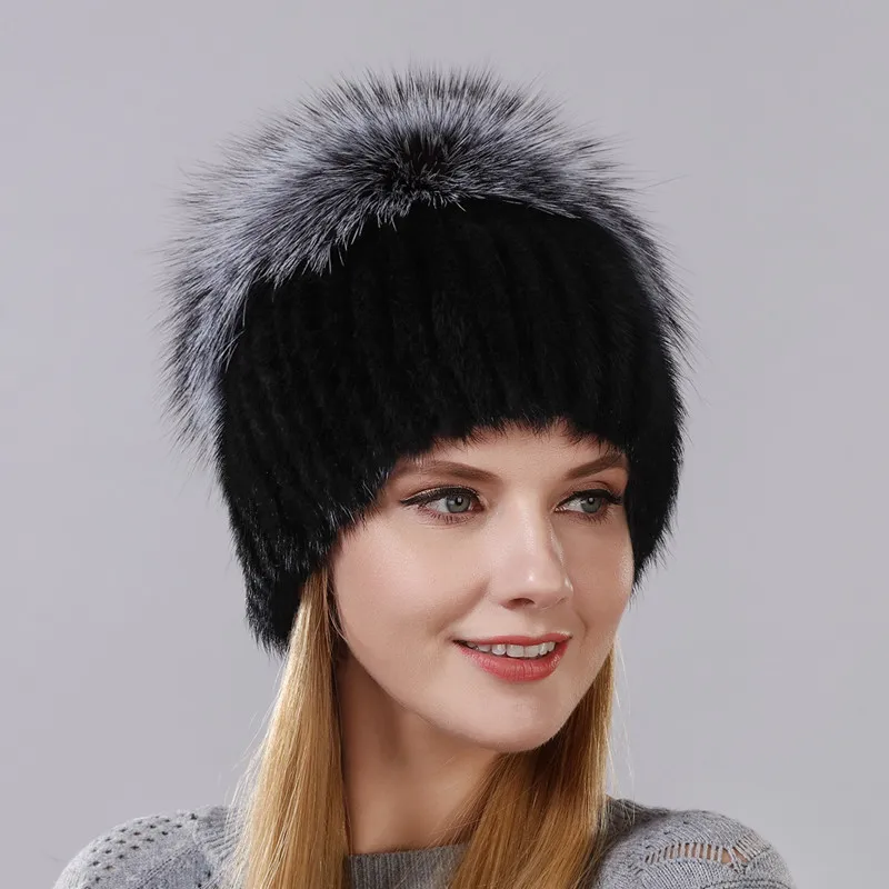Hot Style Female Mink Fur Cap For Women Winter Warm Hat Vertical Knitted Mink With Fluffy Silver Fox Part Less On The Top Hat