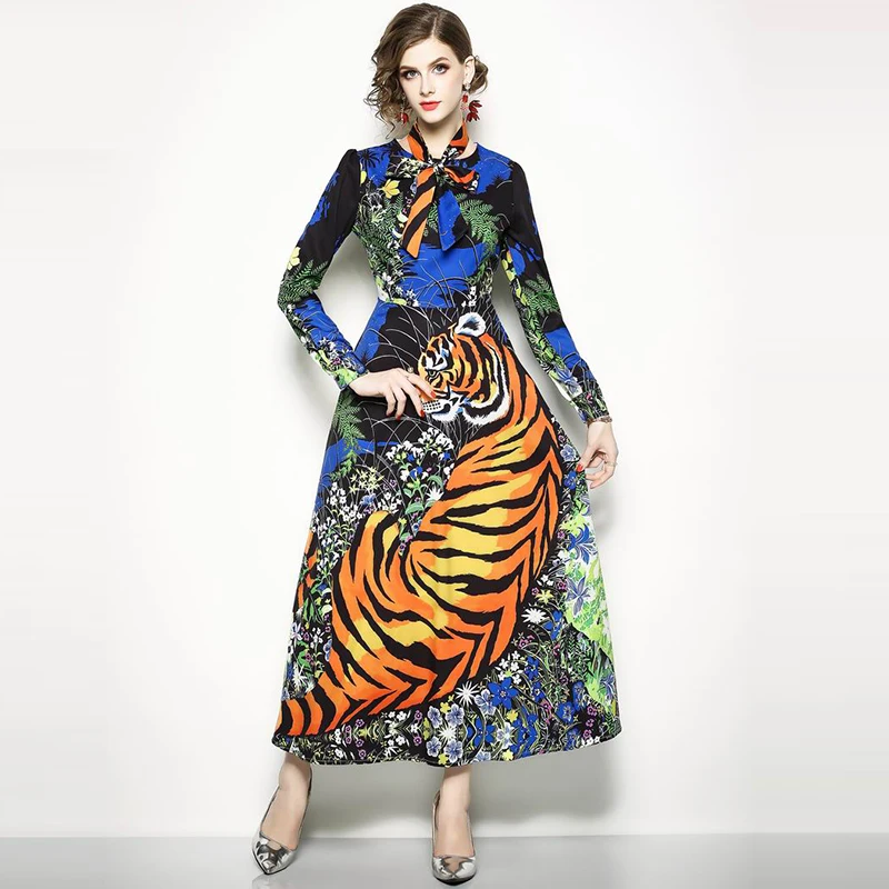 2018 Summer Women O Neck With Bow Tie Dress Vintage Long Sleeve Tiger Printing Dresses Vestidos de festa Female Brand Clothing | Женская