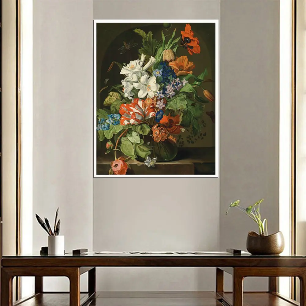 Многоцветная Картина маслом в стиле ретро цветы бонсай декоративная мебель и