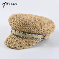 fibonacci summer military caps hand knitted women straw hat with popular belt high quality casual breathable flat visor cap