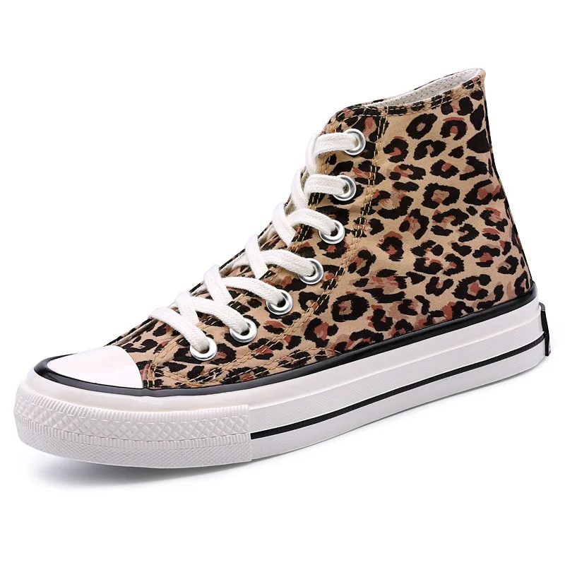 

High-top Women's Casual Flat Shoes Leopard Pattern Harajuku Female Canvas Shoessummer Breathable Flats