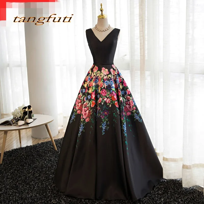 Floral Long Evening Dresses Party A Line V Neck Beautiful Women Prom Formal Gowns Wear 2018 vestido de formatura |