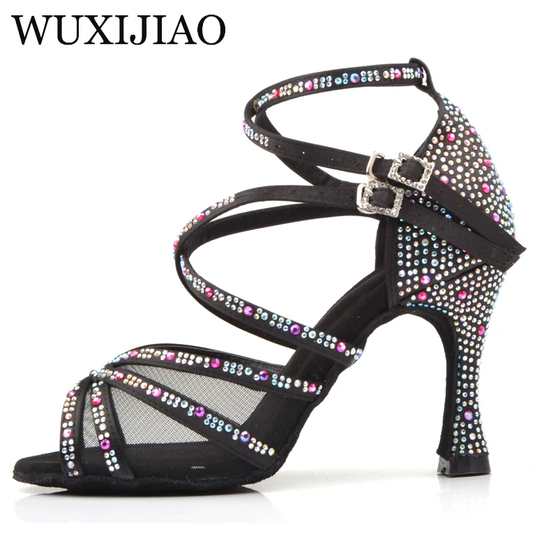 WUXIJIAO Ladies Latin dance shoes with black satin rhinestone style high heels salsa dancing heel 9cm | Спорт и развлечения