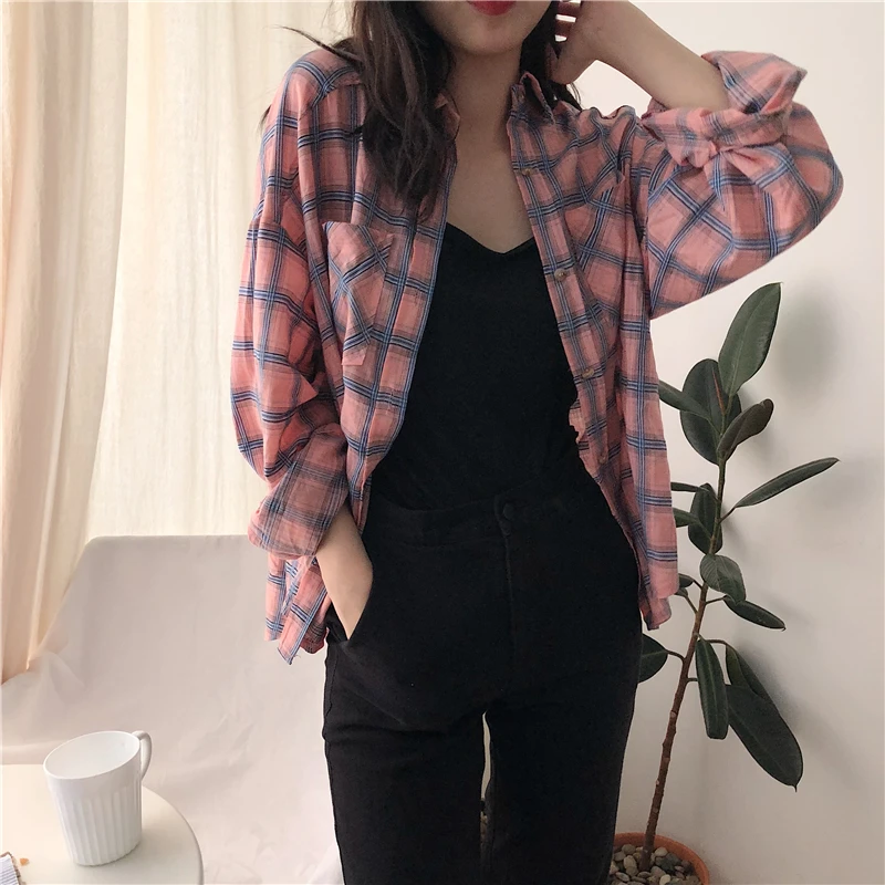 KYMAKUTU Summer Holiday Style Plaid Women Shirts Turn-down Collar Full Sleeve Pocket Blouse Femme Out Chemisier Shirt Tops |