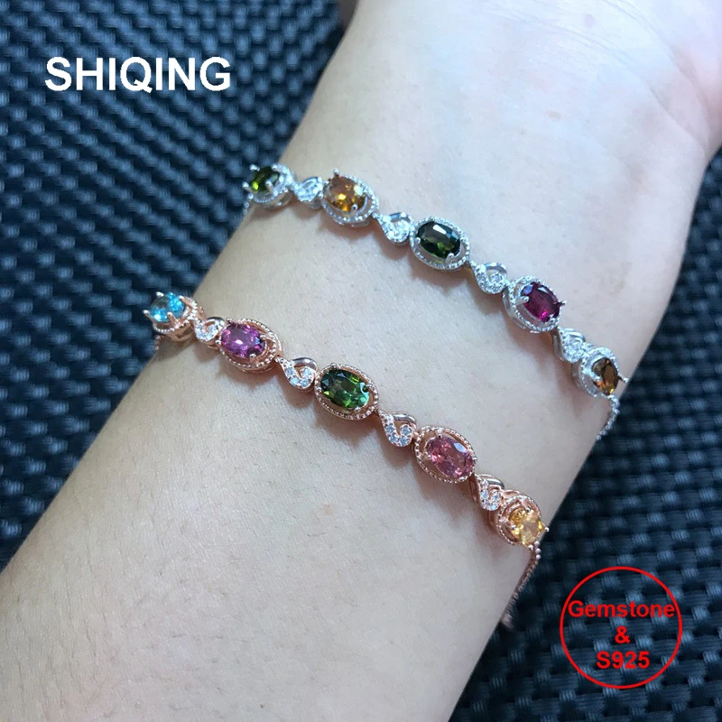 

SHIQING Delicate rainbow gemstone bracelet with tourmaline, 925 sterling silver, rose white gold color