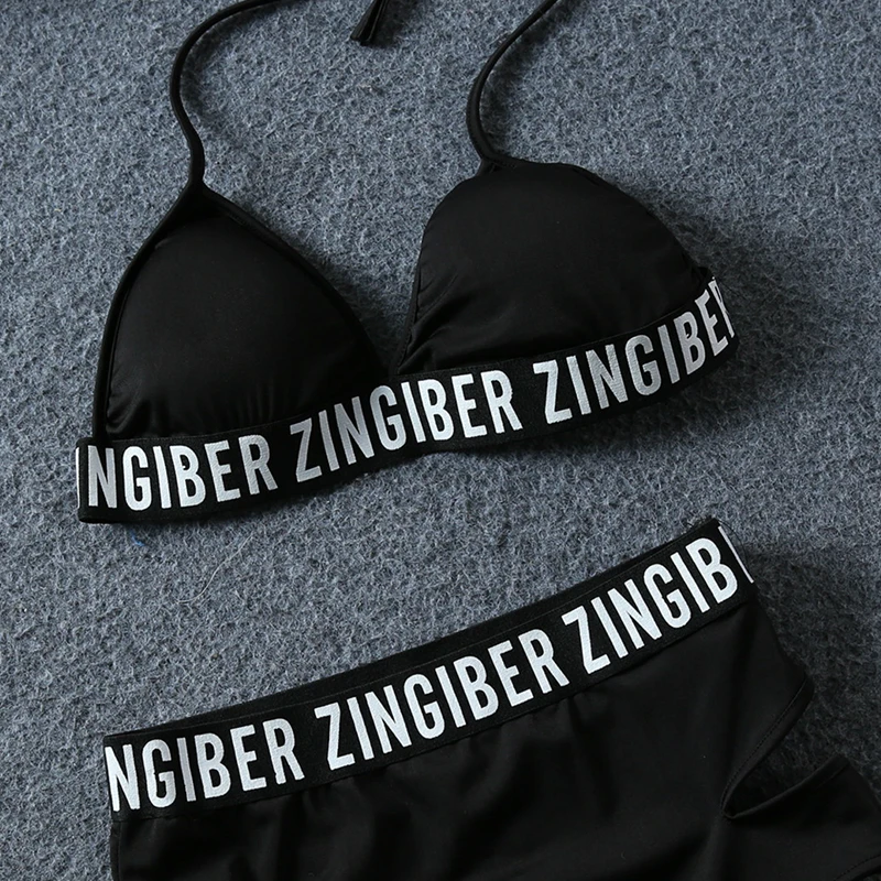 Zingiber, с надписью, высокая талия, эластичное бикини, мягкий, съемный бюстгальтер, подкладка, купальник, черный, бандаж, принт с буквами, сексуальный купальник, боди