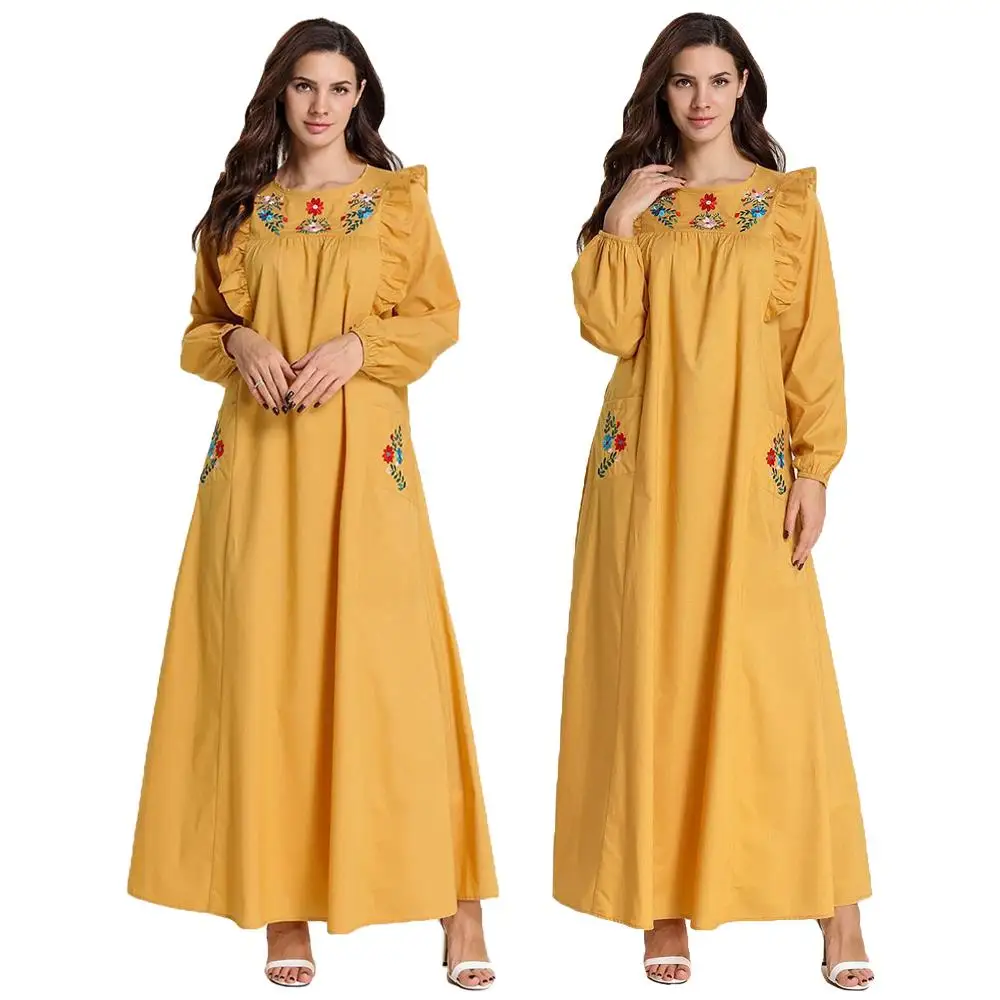 Abaya/длинное платье с вышивкой и оборками; женские мусульманские Длинные вечерние платья; jilbaw; исламский кафтан; одежда с круглым вырезом и длинными рукавами; свободное Повседневное платье