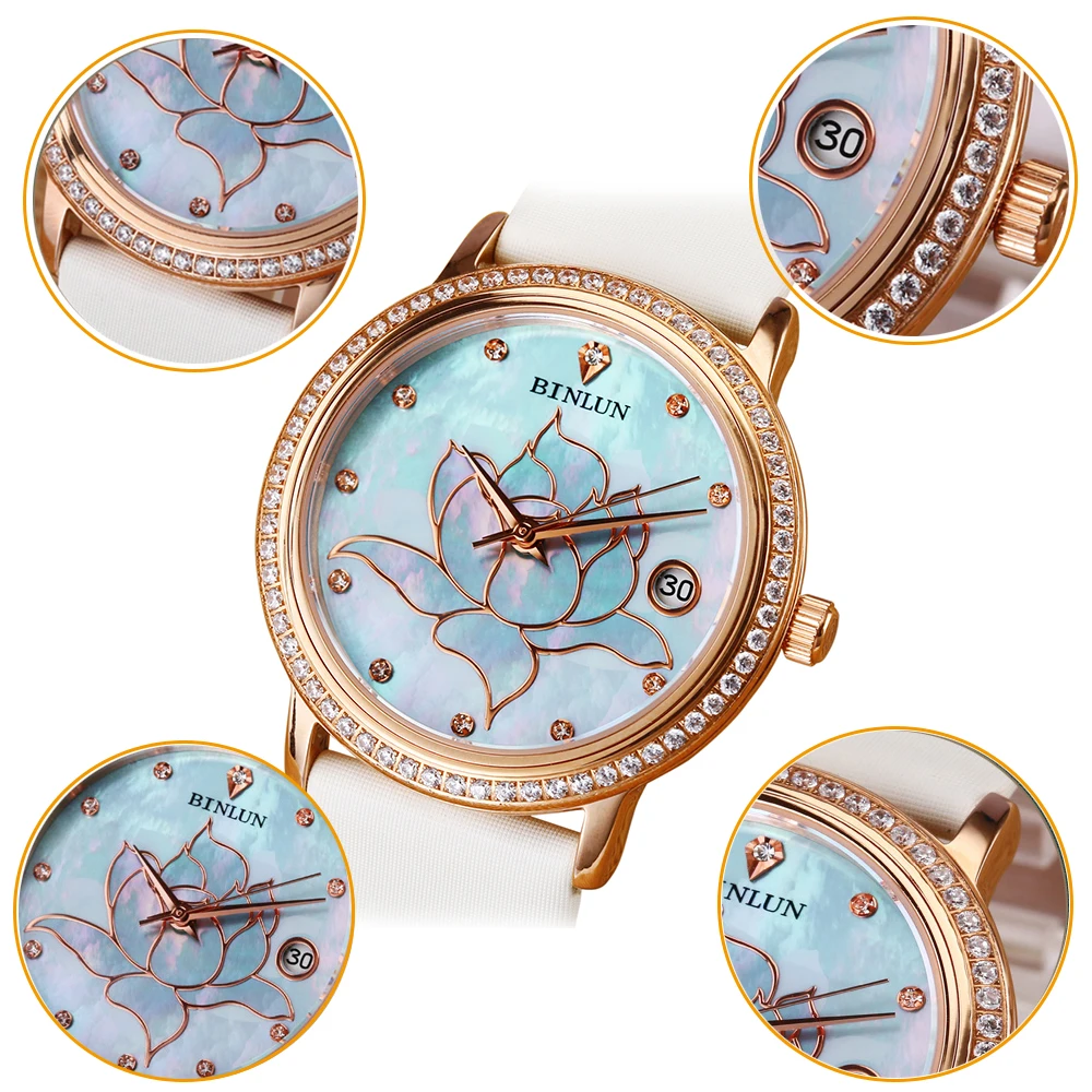 BINLUN Сезон Серия Алмазный Корпус автоматические женские часы Роскошные 21
