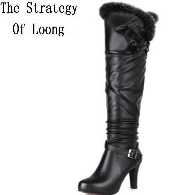 Женские зимние модные сапоги ботфорты выше колена из натуральной кожи с тонким
