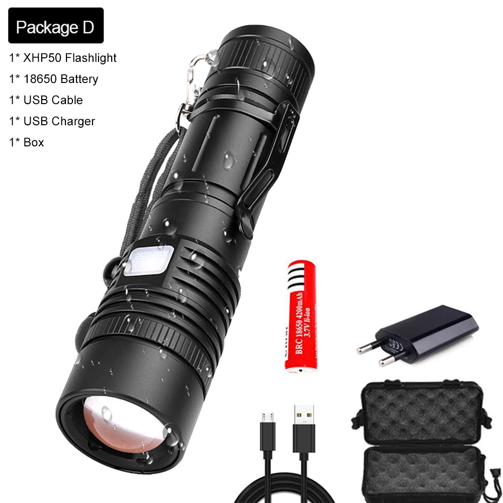 Package D Мощный фонарик XHP50 светодиодный фонарик USB Перезаряжаемый фонарь с зумом V6 фонарик Фонарь с 18650 батареей - Испускаемый цвет: Package D