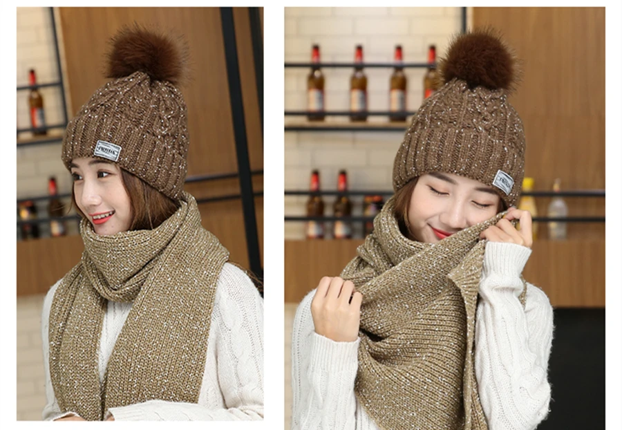 Зимние женские шапки с шарфом, бархатная шапка бини, женская теплая шерстяная шапка с шариком, женские милые вязаные шапки с наушниками, набор из 2