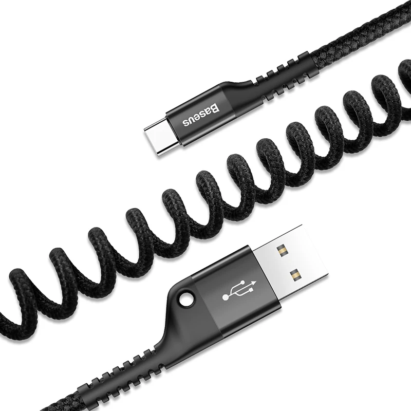 Black Выдвижной пружинный usb-кабель Baseus type-C для samsung S10 S9 S8 Xiaomi Mi 9 8 USB-C, быстрое автомобильное зарядное устройство USBC type-C - Цвет: Black