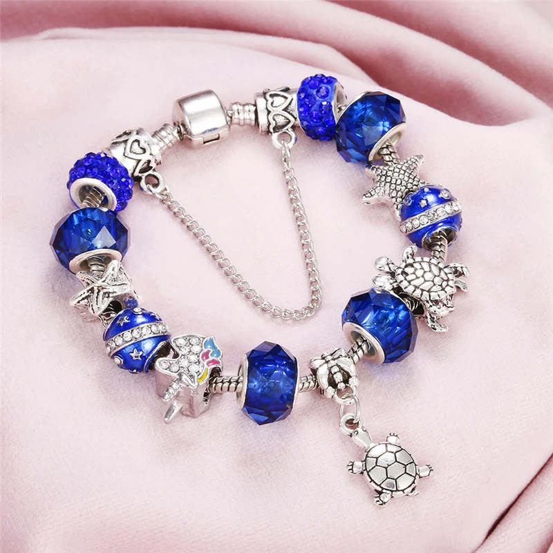 Hot Sale Blue Glass Crystal Beads Charms Bracelet &amp Bangle Heart Lock Key Tortoise Pendant Bracelets For Women Diy Jewelry Gifts |