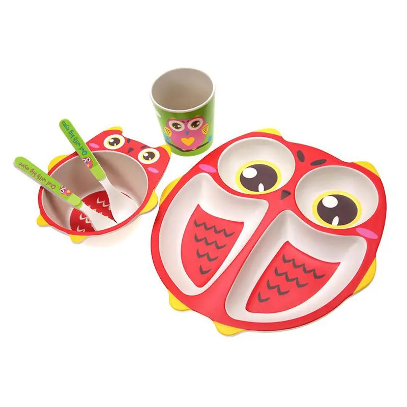 Red owl 5 шт./компл. мультфильм детские набор посуды из бамбукового волокна; Лев чаша таблички для детей ясельного возраста, комплекты детская посуда столовые принадлежности Комплектная посуда Лидер продаж - Цвет: Red owl