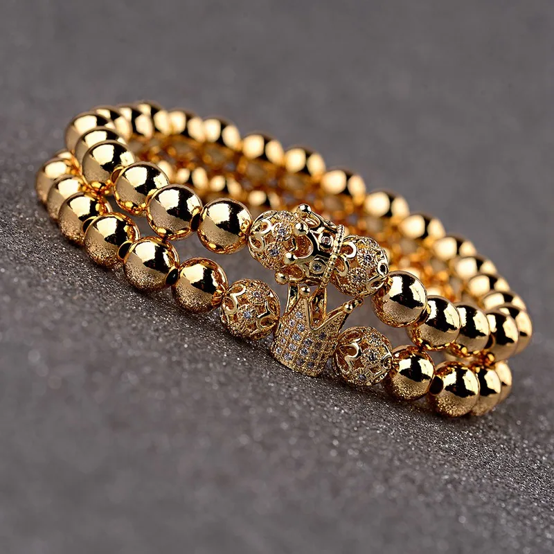 

2Pcs/Set Couple Bracelets For Women Men 2023 Gold Color 8mm Copper Bead&CZ Crown Beaded Charm Bnagles Bracelet Luxury Jewelry