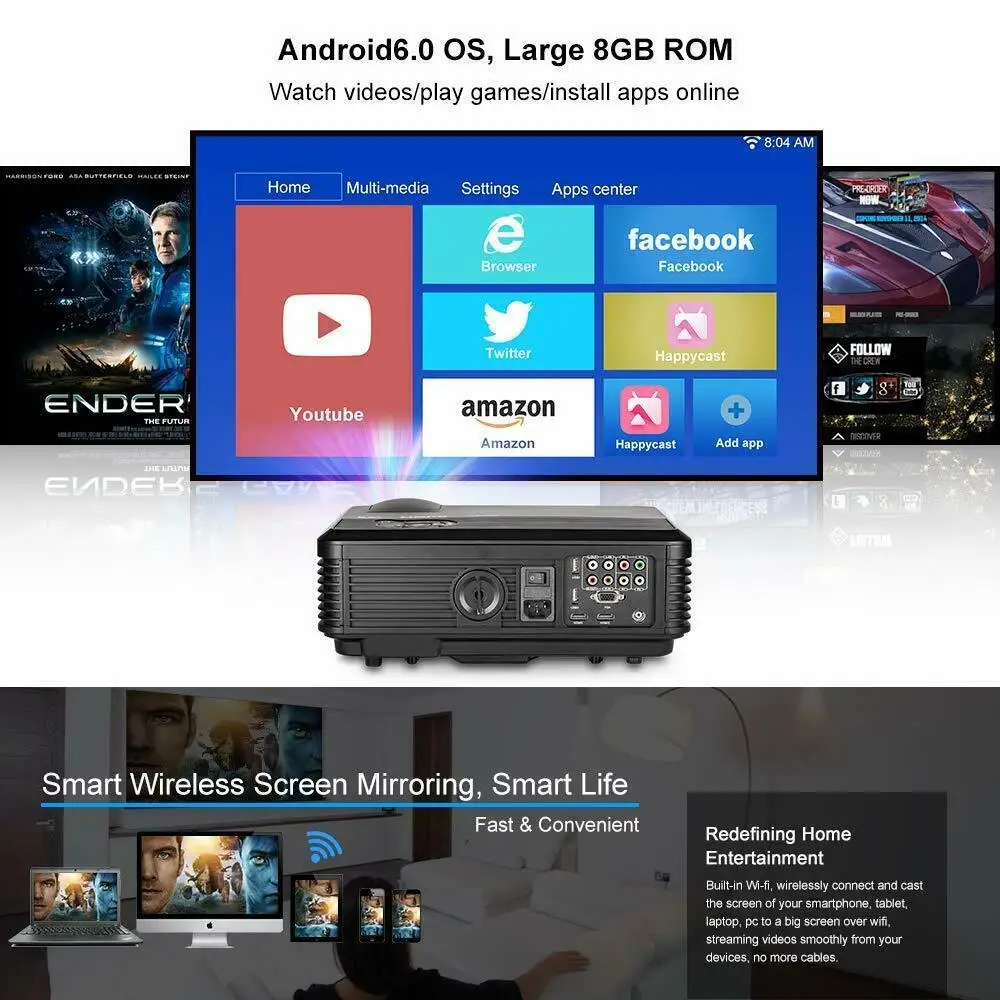 Проектор Full HD Домашний кинотеатр 5000 люмен 1080 P светодиодный проектор Android 6 0 Wifi DVB T