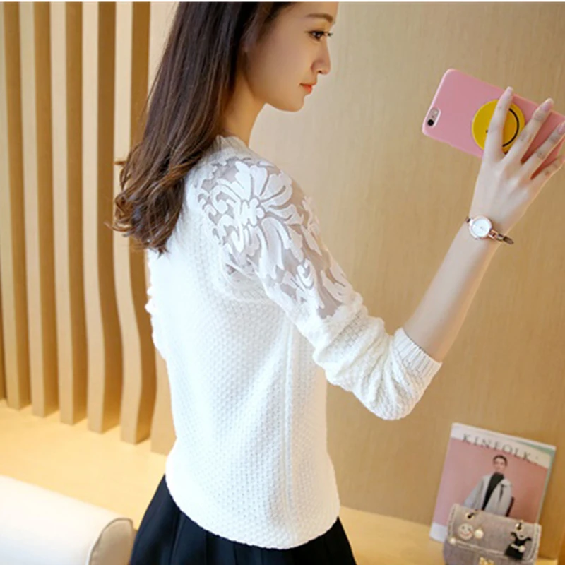 2018 spring hot O-neck long sleeve Women pullover sweater autumn fashion shoulder lace transparent knitted blouseLU513 | Женская одежда