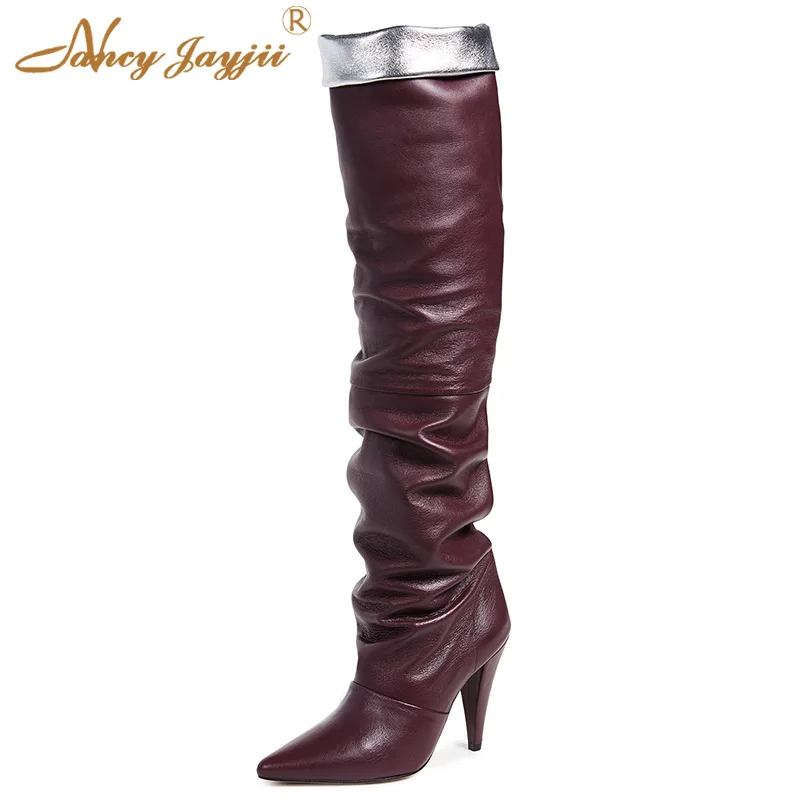 

Burgundy Dark Red Winter Ladies Knee High Boots Slip-On Pointed Toe Thin Heels Short Plush Shoes Woman Solid Novelty Work