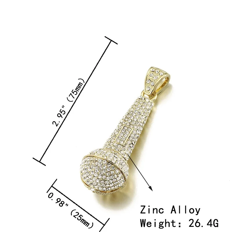 Bling Big Microphone Pendant Necklace Men Crystal Iced Out Chain Music Charm Fashion Hip Hop Jewely | Украшения и аксессуары
