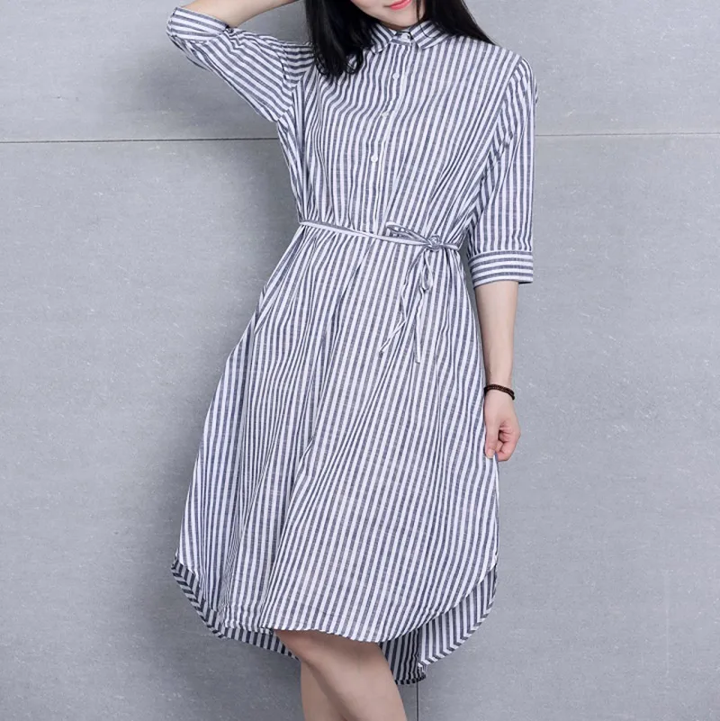 Женское свободное платье в Вертикальную Полоску осеннее рубашка с воротником
