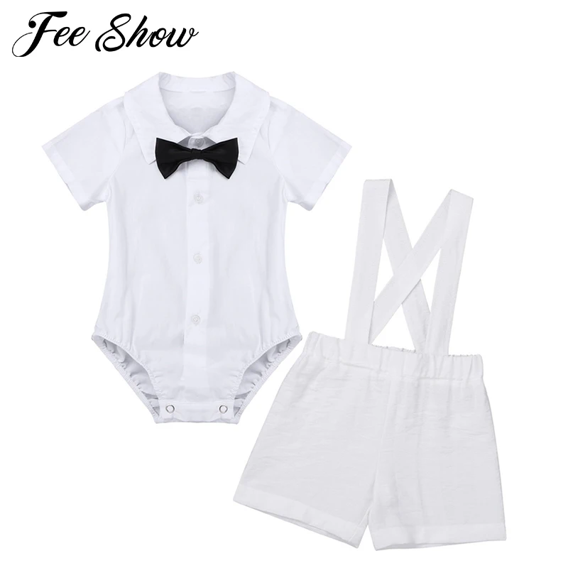 Infant Baby Boys Baptism Outfit Short Sleeve Lapel Jumpsuit with Bow Tie Suspender Linen Set party wedding birthday clothes |