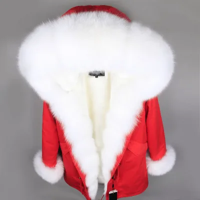 red with fur Зимнее серебряное пальто, куртка для женщин, верхняя одежда, толстые парки, натуральный мех чернобурки, воротник серый, натуральный мех, пальто с капюшоном pelliccia - Цвет: red with fur