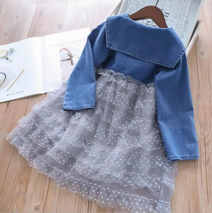 New 2019 Children Girls Jean Mesh Dot Cake Spring Dresses Princess Fashion Cowboy Long Sleeve Dress 5 pcs/lot Free Shipping | Детская
