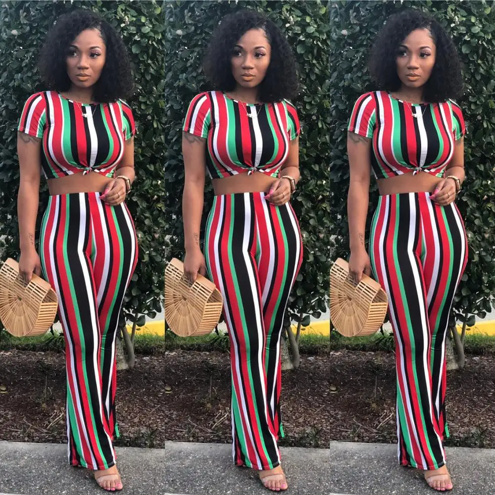 

Adogirl Elegant Colorful Striped Print Women Set Casual Short Sleeve Crop Top With Pants Two Piece Set Sexy Outwear Suit Female
