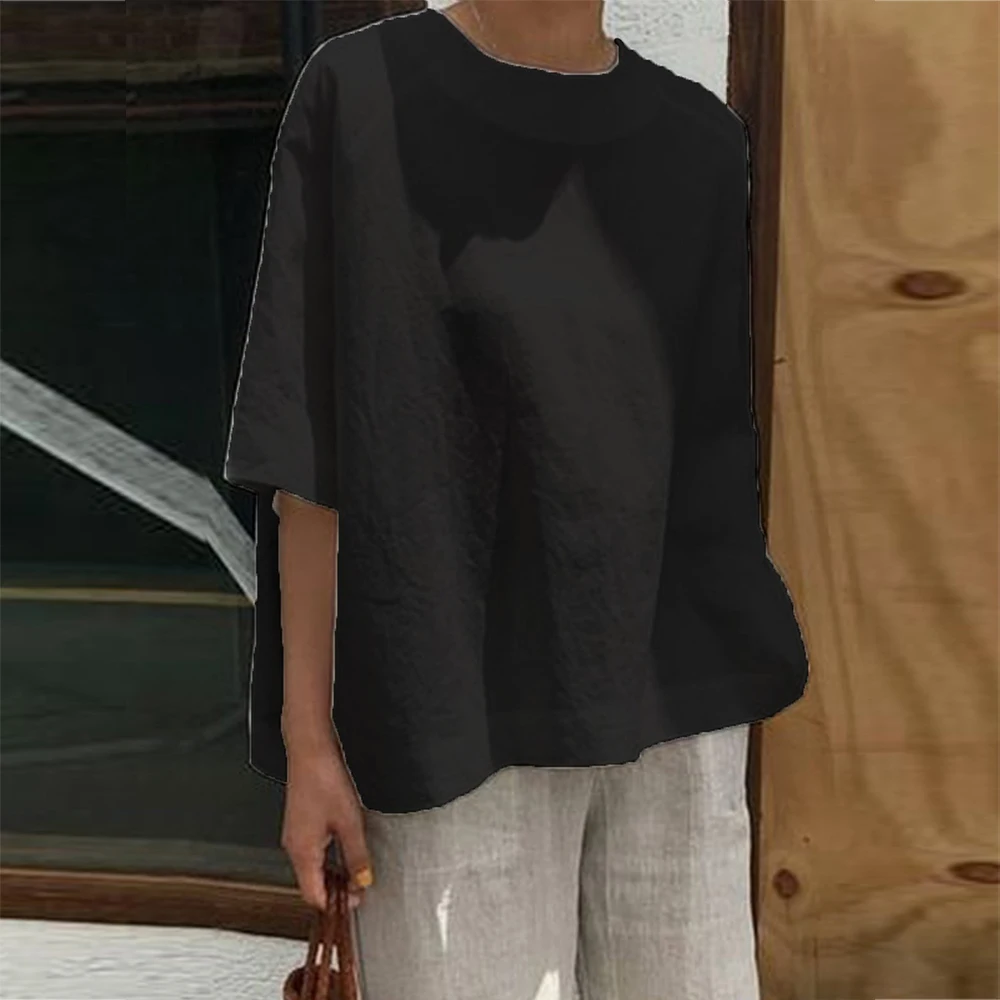 Однотонная футболка из хлопка и льна повседневные рубашки с круглым вырезом