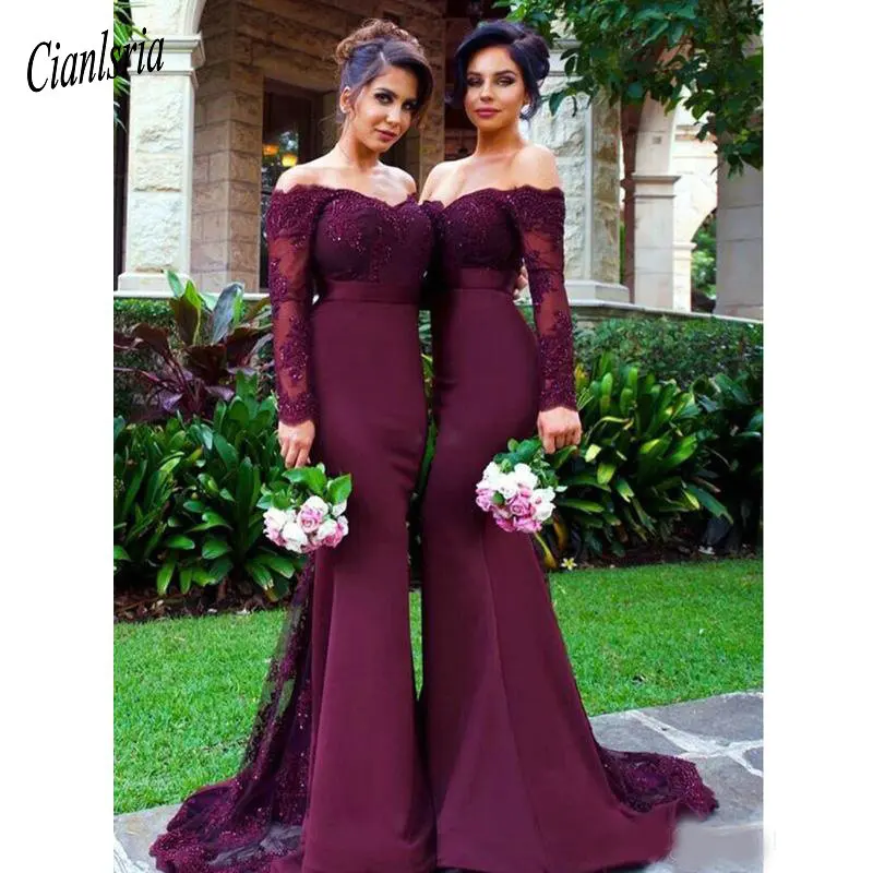 

Custom Made Lace Applique Off-Shoulder Long Sleeve Mermaid Bridesmaid Dresses Sexy Prom Dress Gowns Maid Of Hour