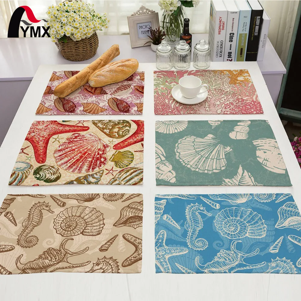 

6 Style Table Napkins Shell Hippocampus Starfish Coral Conch Printed Cloth Dinner Napkins 2017 New Reusable Table Napkins