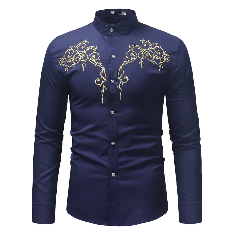 Dark Blue Винтажные мужские рубашки с вышивкой для джентльменов, одежда для свадебной вечеринки, топы со стоячим воротником, европейский размер, свободная Мужская белая рубашка с длинным рукавом - Цвет: Dark Blue