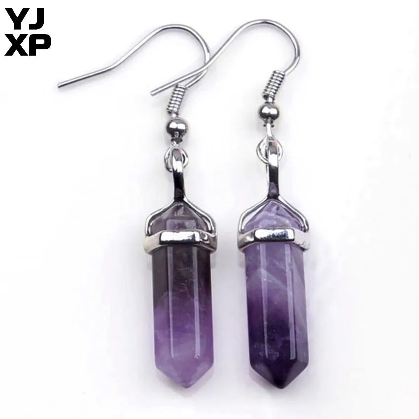 amethysts YJXP посеребренные шестиугольная Призма кристалл натурального кварца Малахитовый Камень Висячие серьги для подарка Женская мода Шарм ювелирные изделия - Окраска металла: amethysts