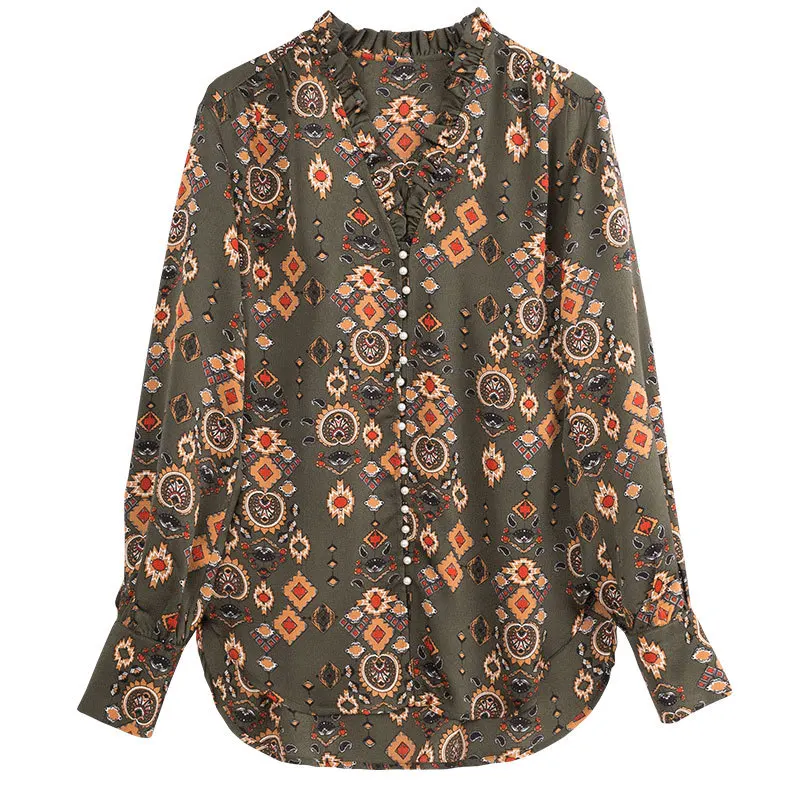 Chiffon printing Blouse 2019 Long Sleeve Women Blouses and Tops v-neck elegant Office Shirt Casual Blusas Chemise Femme |