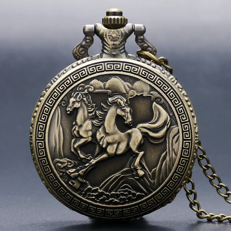 

Retro Running Horses Bronze Quartz Pocket Watch Chinese Zodiac Necklace for Men Women Watches Pendant with Long Chain Gift Hour