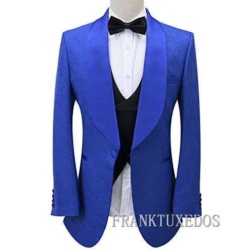 3 Piece Royal Blue Velvet Shawl Lapel Groom Tuxedos Groomsmen Red/White/Black Jacquard Tuxedo Best Man Suit Men's Blazer