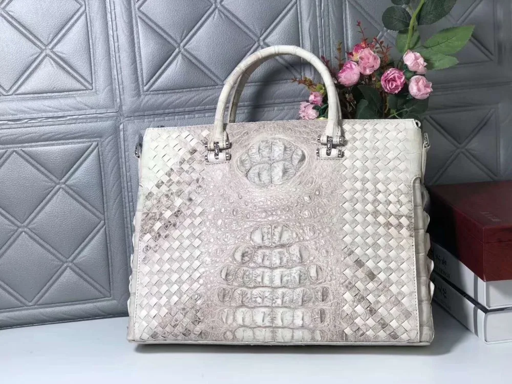 Модный мужской деловой портфель 2018 из натуральной белого крокодиловой кожи 100%