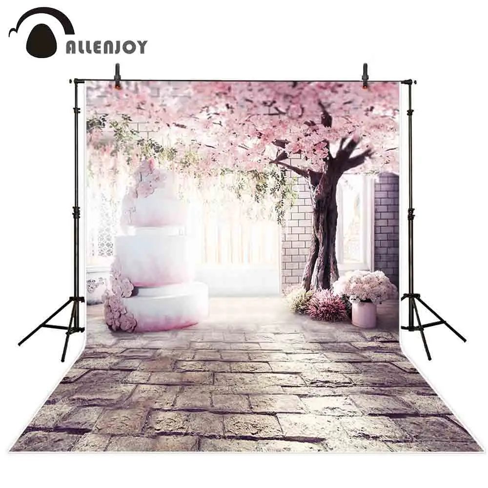 

Allenjoy Photography Backdrop pink cherry blossom brick wall cake with cherry trees wedding background photocall photobooth