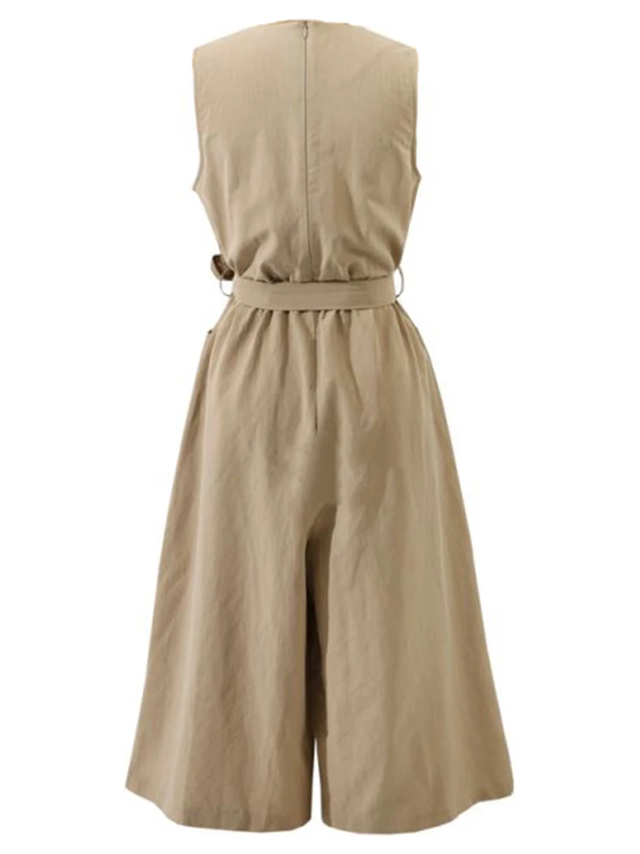 Женский комбинезон из хлопка и льна однотонный без рукавов с бантом шнуровкой