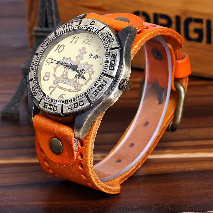CCQ Марка Винтаж Кожа Коровы Корона Часы Casual Luxury Мужчины Наручные Кварцевые Relogio