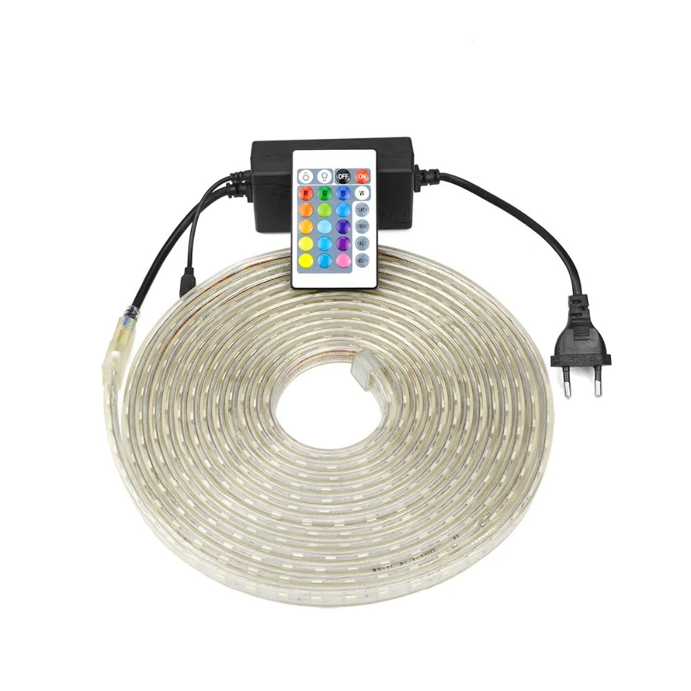 Цветная(RGB светодиодный полосы с регулируемой яркостью Гибкая лампа 5050SMD AC220 60 Светодиодный s/m Водонепроницаемый открытый светодиодный лента домашний декоративный свет Система электроснабжения ЕС