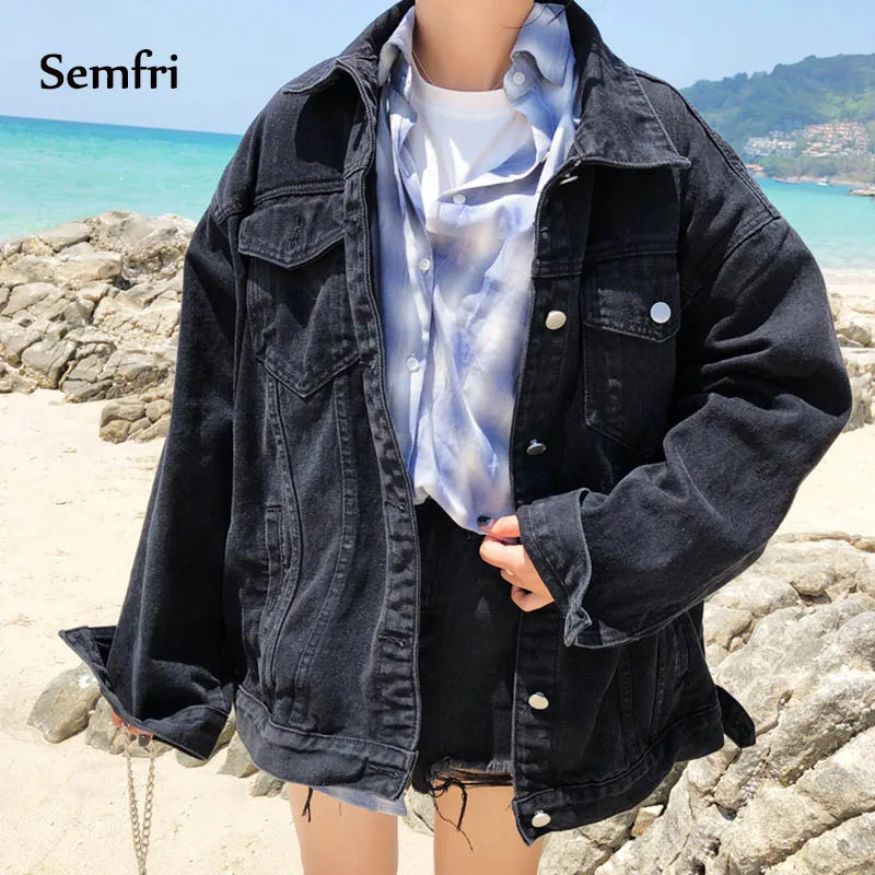 

Женская джинсовая куртка Semfri, черная Свободная куртка в стиле K-pop, с карманами, весна джинсовое пальто женское