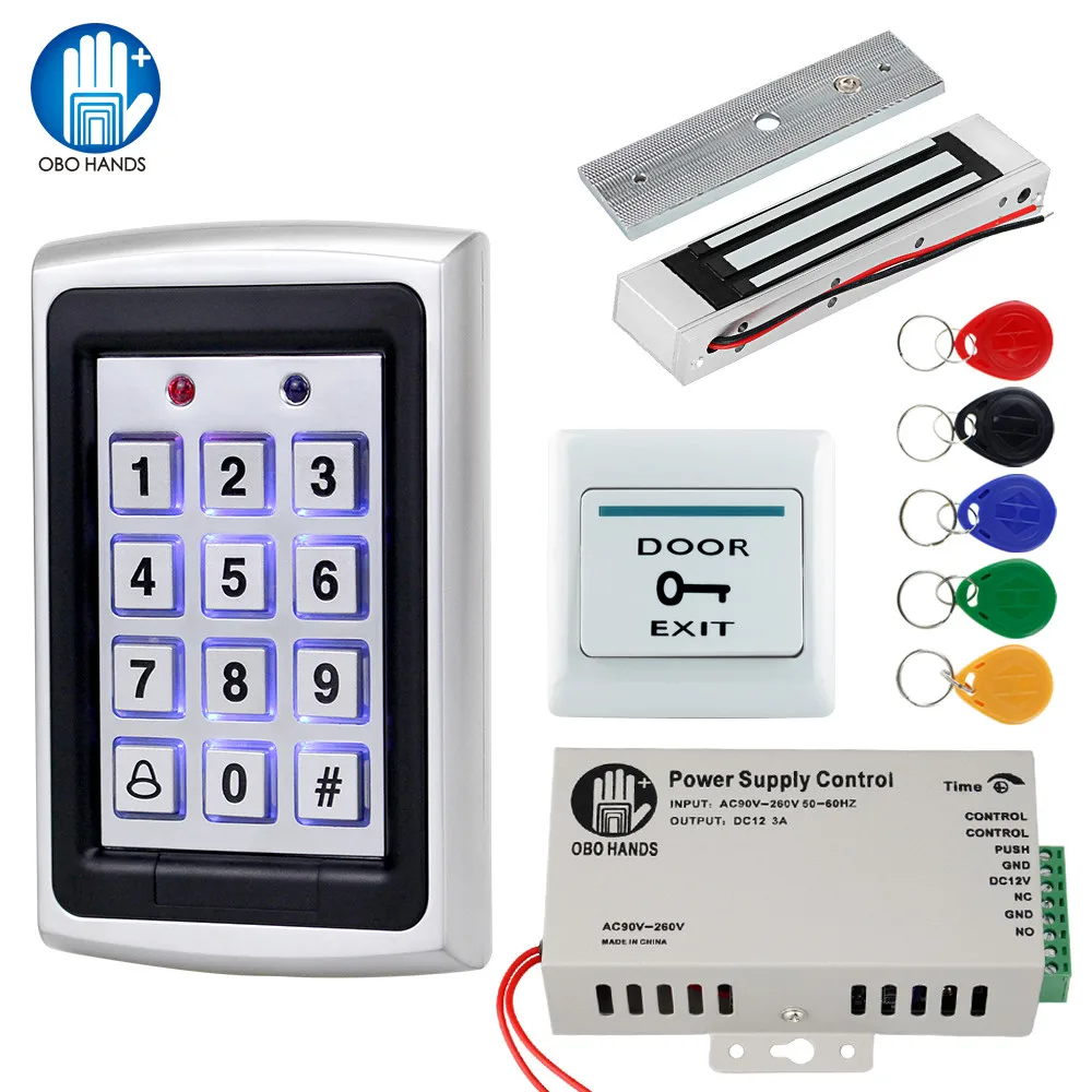 OBO Hands Access Control System Kit 125KHz RFID Keypad Rainproof Cover with Electric Door Locks 180KG Magnetic Strike Lock DC12V