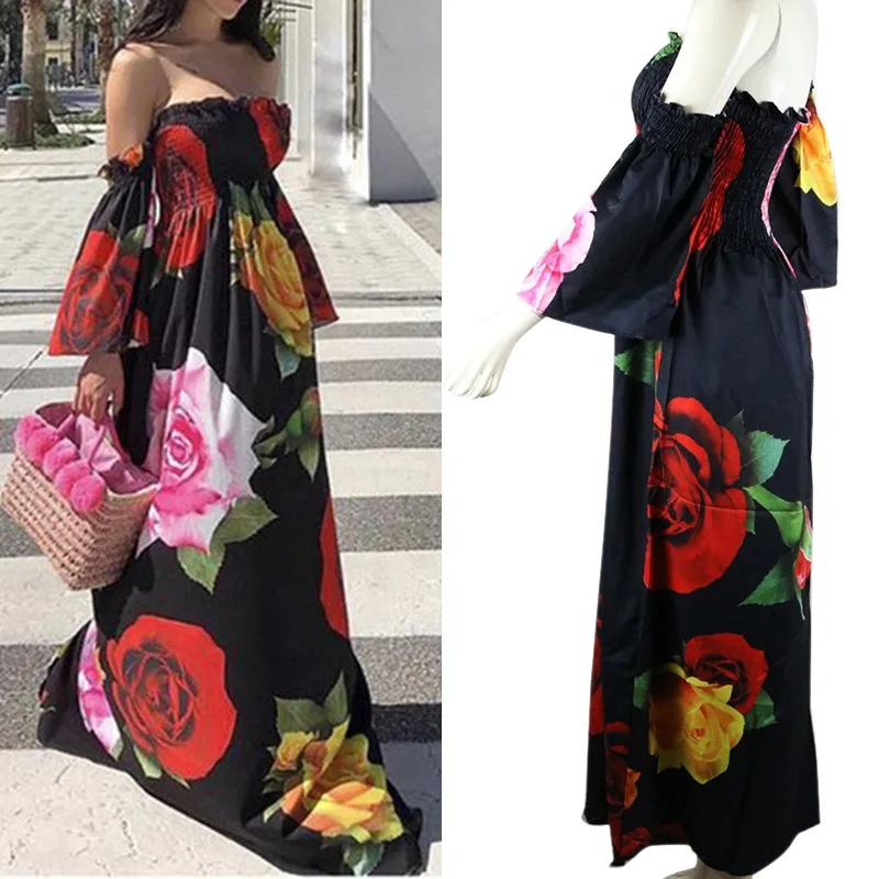Женское платье с цветочным принтом Boho повседневное пляжное винтажное в пол