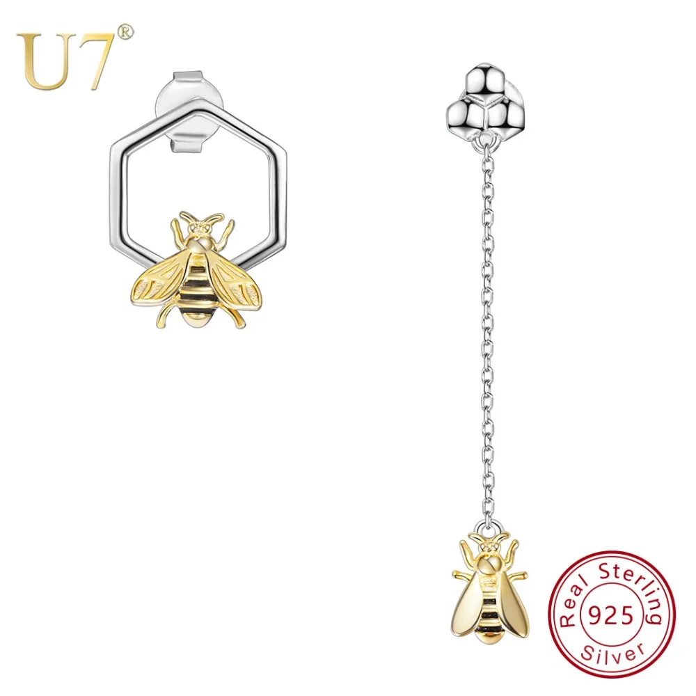 

U7 Authentic 100% 925 Sterling Silver Cute Asymmetric Hexagon Bees Gold Color Long Stud Earrings for Women Jewelry Wholesale