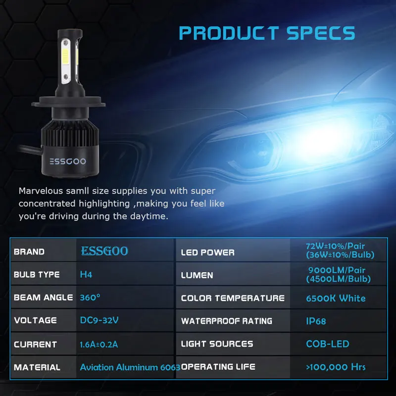 Автомобильный светодиодный фонарь Essgoo H7, H4, H1, H11, 72 Вт, 6500 лм, К, лампочки, IP68, DC9-32V, COB, светодиодный чип, автомобильная фара, пара