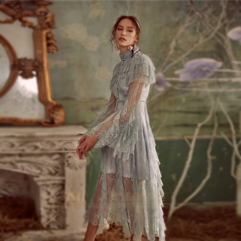 Высокое качество 2019 подиумное платье для женщин элегантное кружевное Макси с