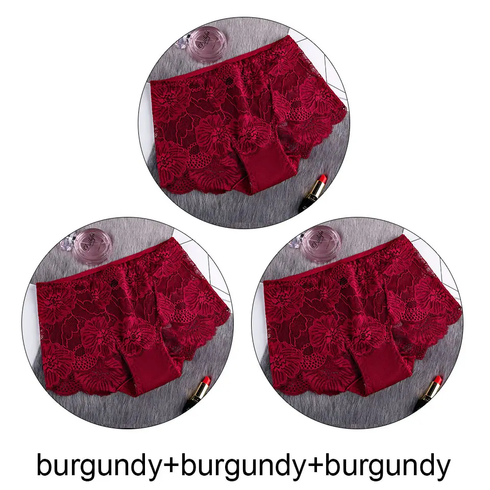 burgundy X 3 3 шт., женские трусы, партия, сексуальные кружевные трусы с высокой талией, прозрачное дышащее нижнее белье, бесшовное белье, Cullote Femme L-XXL - Цвет: burgundy X 3